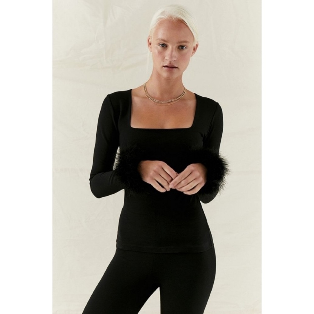 Sleeper The Weekend  Black Square Neckline Long Sleeves Feather-trim Top SZ S